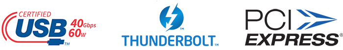 official logos of USB, Thunderbolt, and PCI Express